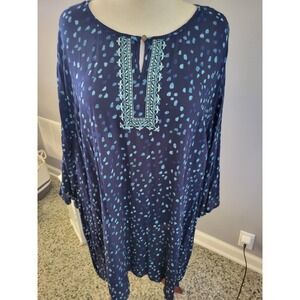 Catherines Plus Size 4X Navy Blue Light Blue Speckle Print Long Sleeve Tunic Top